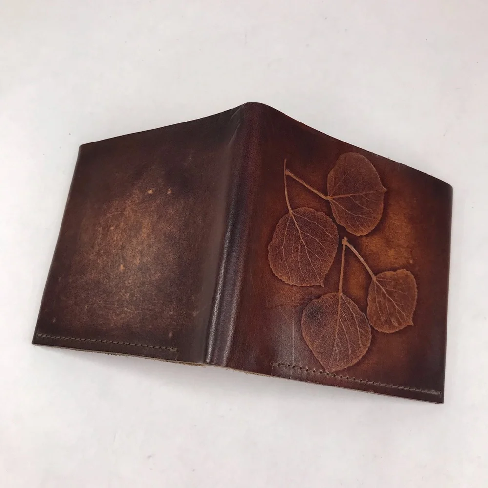 Vintage Tooled Leather Wallet Aspen Leaf Design Bi Fold Made in Colorado